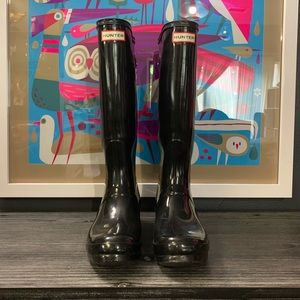 HUNTER Adjustable Gloss Wellington Boot - Black 7